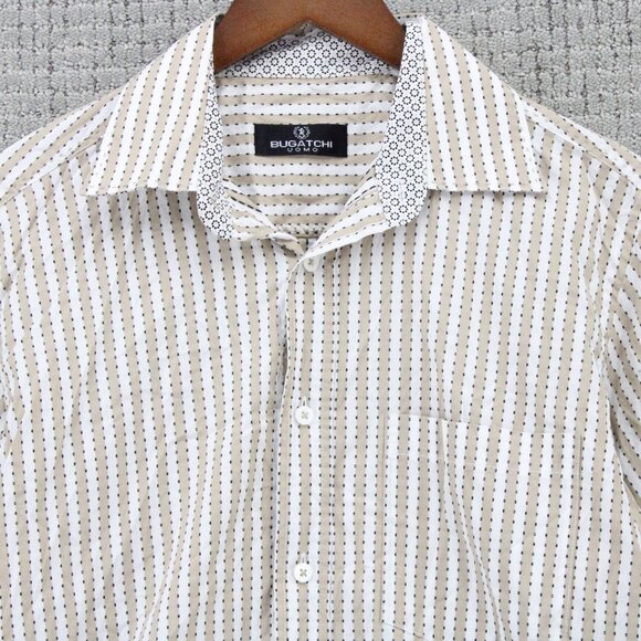 Bugatchi UOMO Shirt Mens Medium M Beige Striped Button Down Long Sleeve Collared - Picture 5 of 10